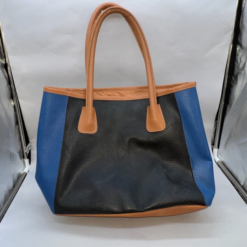 Gently Used Neiman Marcus Blue, Black, Brown Pebble Texture  Faux Leather Tote